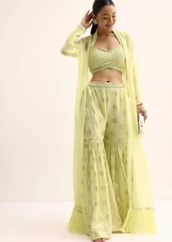 Yellow Mirror Crop Top With Jacket And Sharara