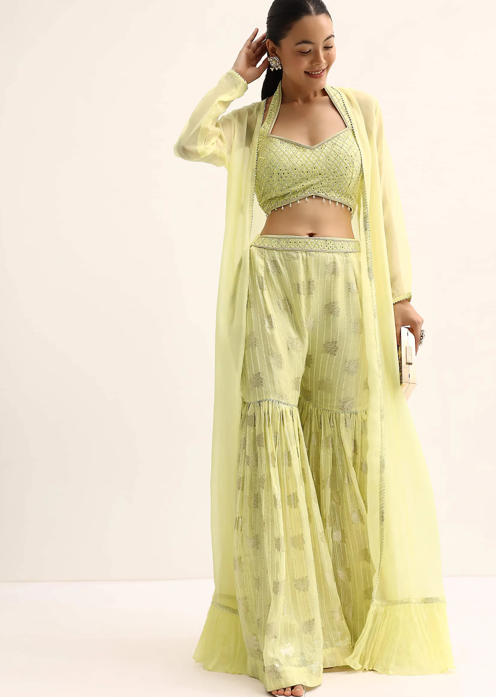 Yellow Mirror Crop Top With Jacket And Sharara
