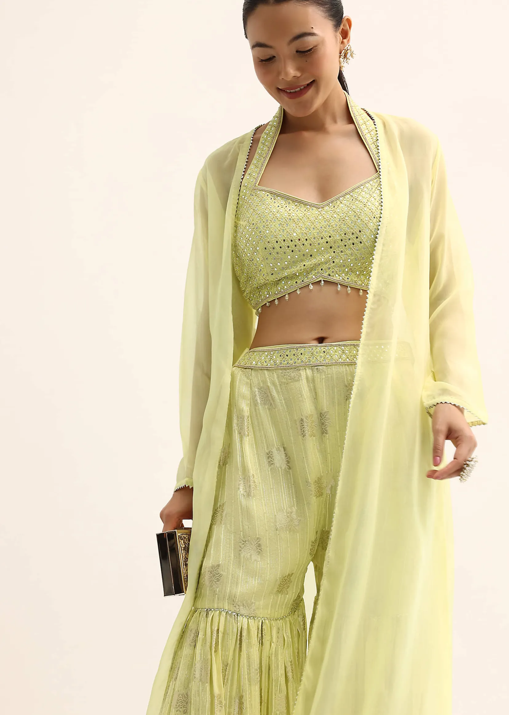 Yellow Mirror Crop Top With Jacket And Sharara