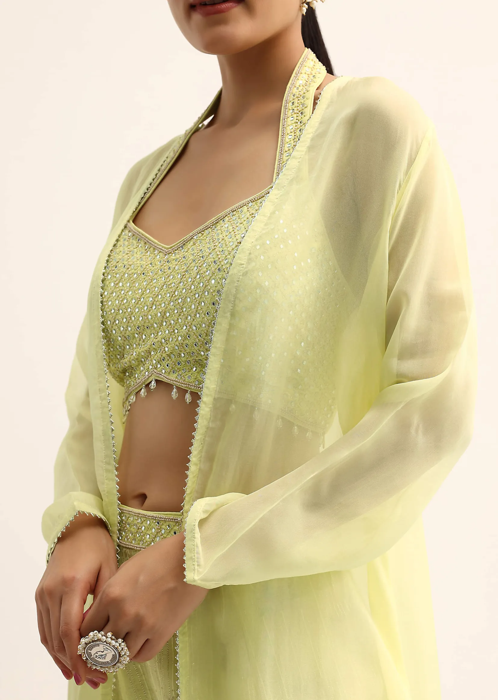 Yellow Mirror Crop Top With Jacket And Sharara