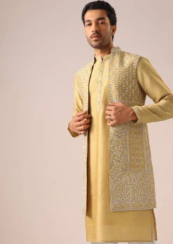 Yellow Mirror Work Long Jacket And Kurta Set