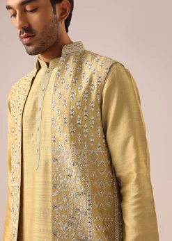 Yellow Mirror Work Long Jacket And Kurta Set