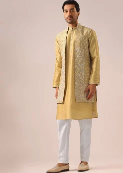 Yellow Mirror Work Long Jacket And Kurta Set