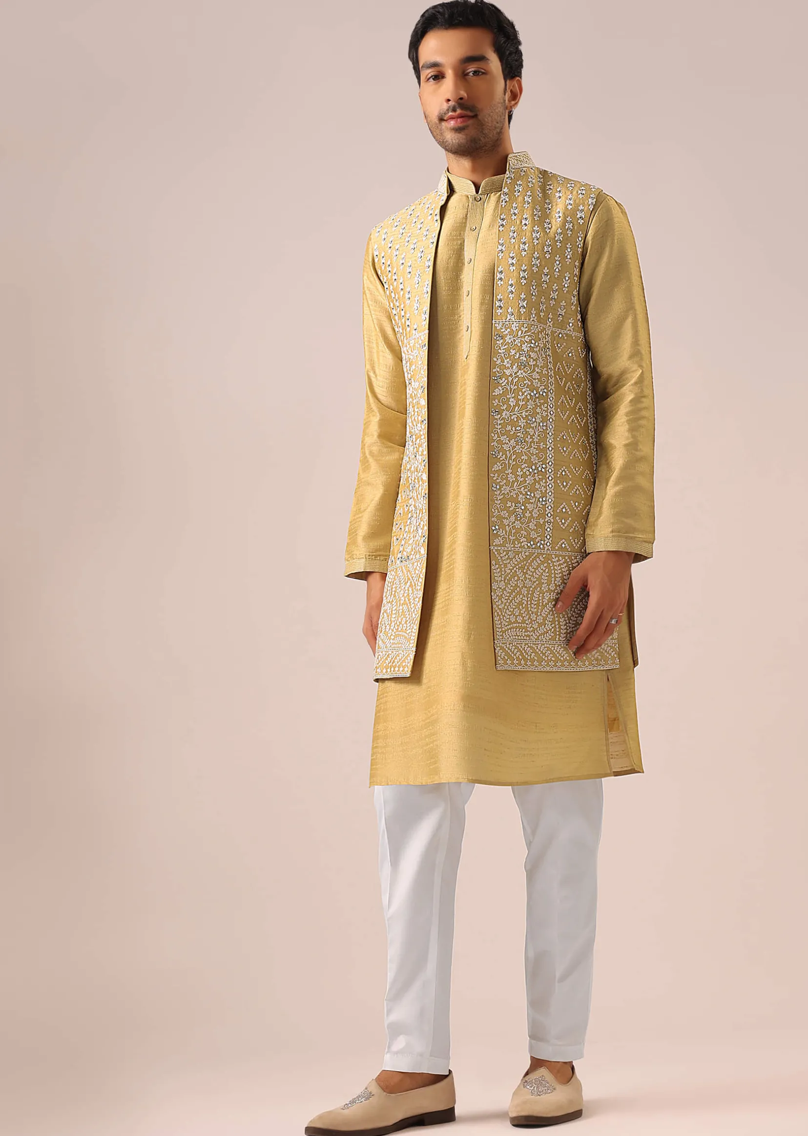 Yellow Mirror Work Long Jacket And Kurta Set