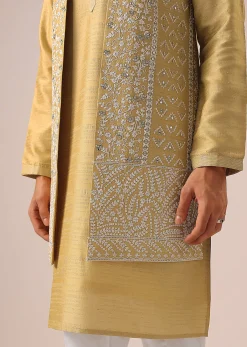 Yellow Mirror Work Long Jacket And Kurta Set