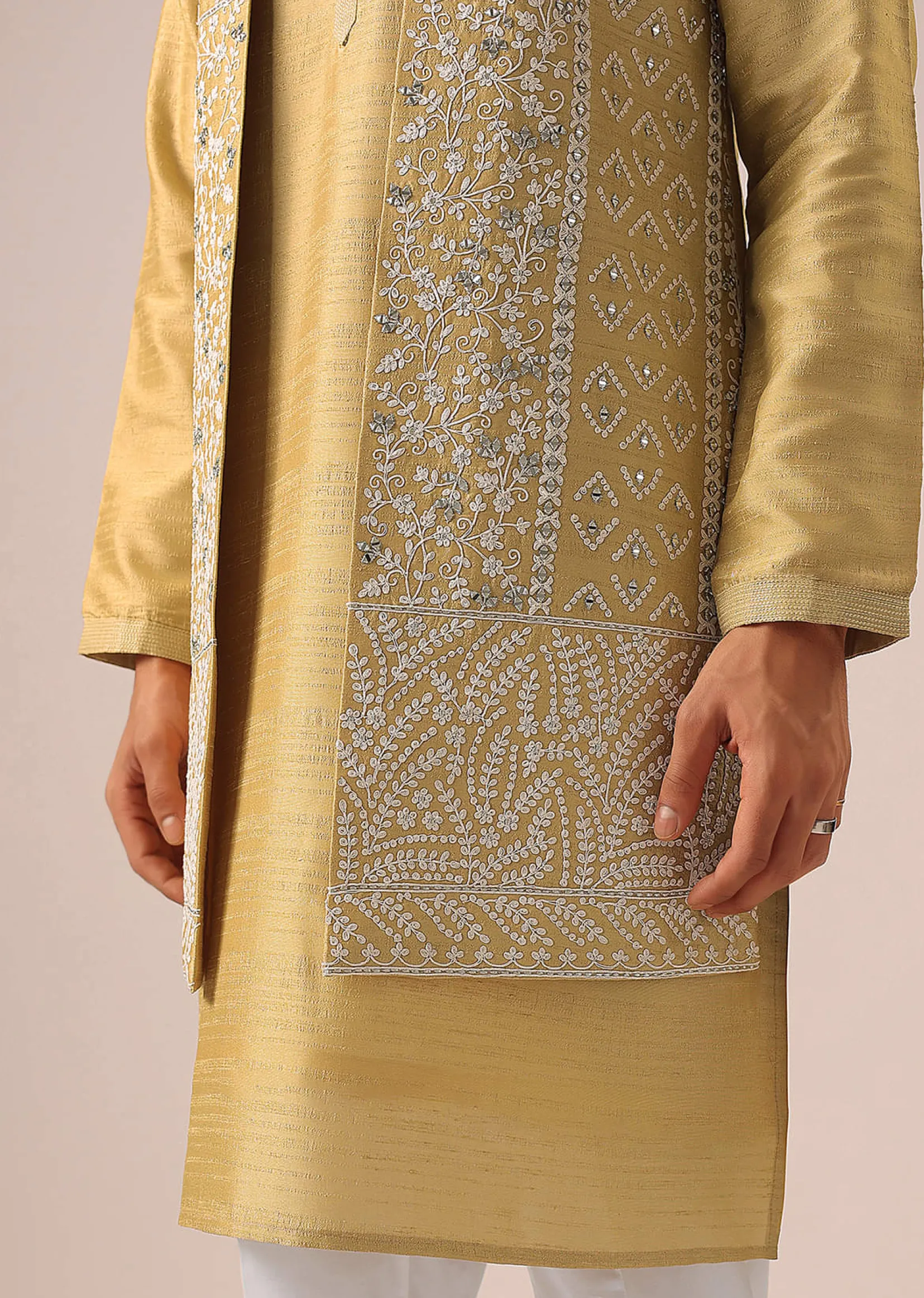Yellow Mirror Work Long Jacket And Kurta Set