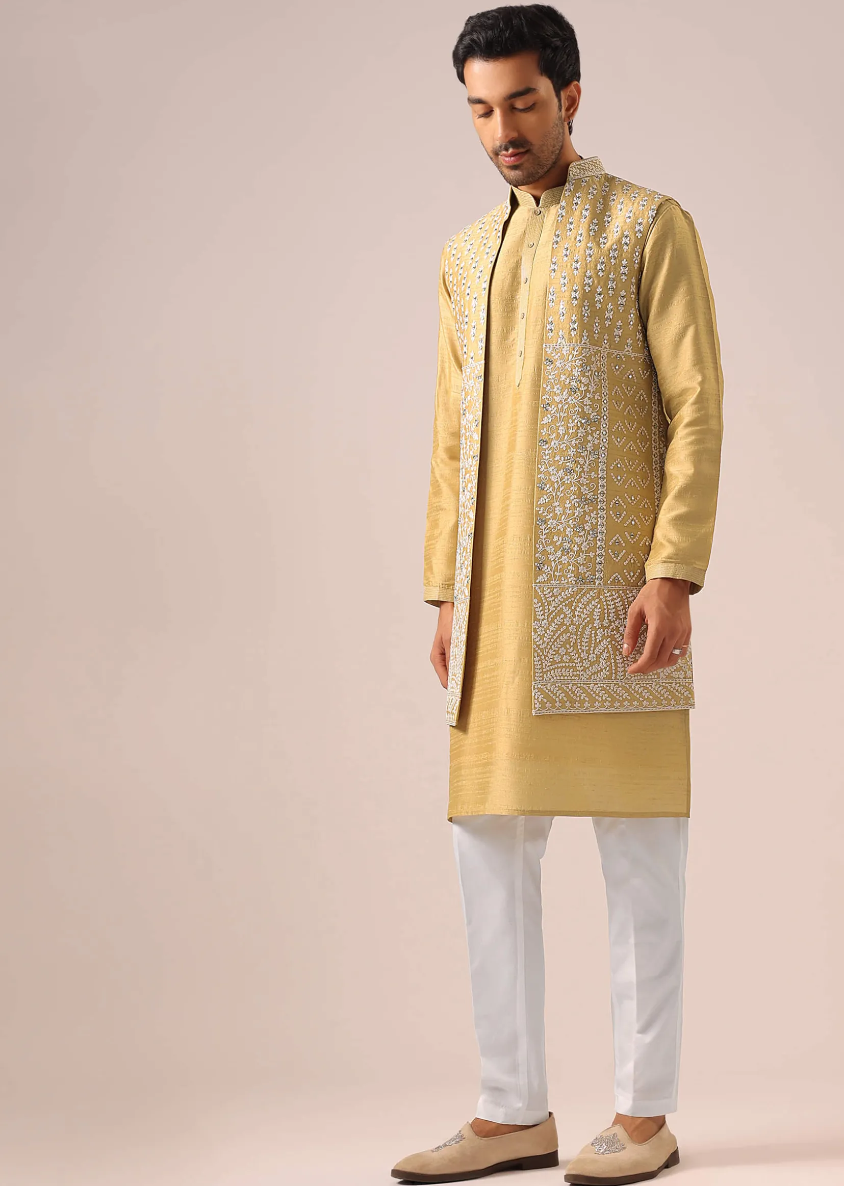 Yellow Mirror Work Long Jacket And Kurta Set