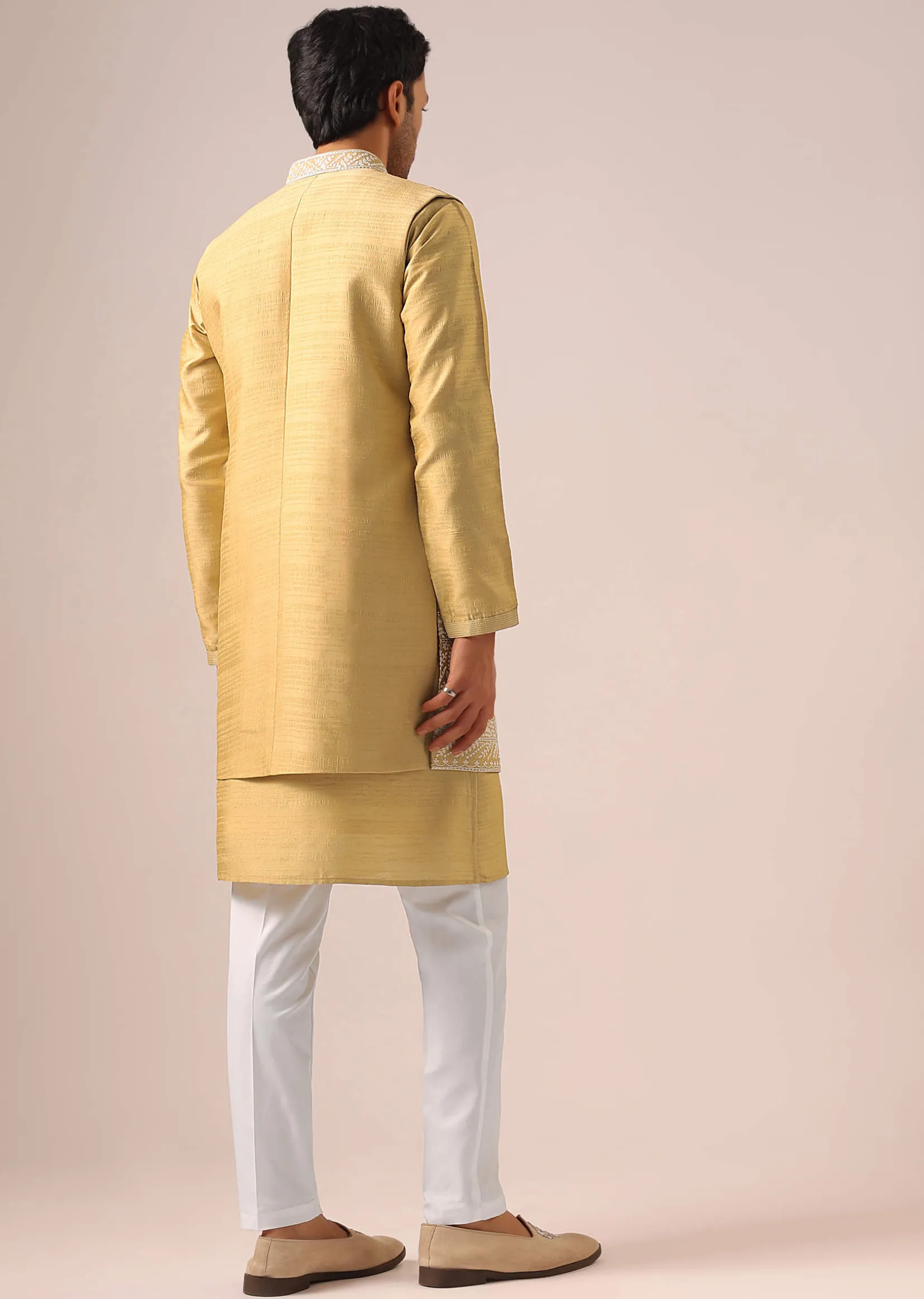 Yellow Mirror Work Long Jacket And Kurta Set