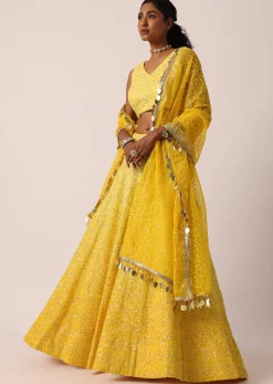 Yellow Net Lehenga Set With Lucknowi Work