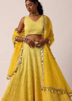 Yellow Net Lehenga Set With Lucknowi Work