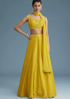 Yellow Nysa Silk Lehenga Set With Mirror Work