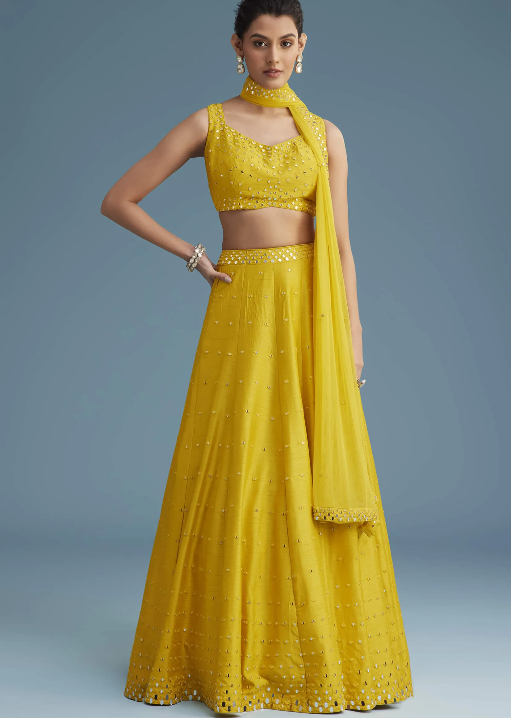 Yellow Nysa Silk Lehenga Set With Mirror Work