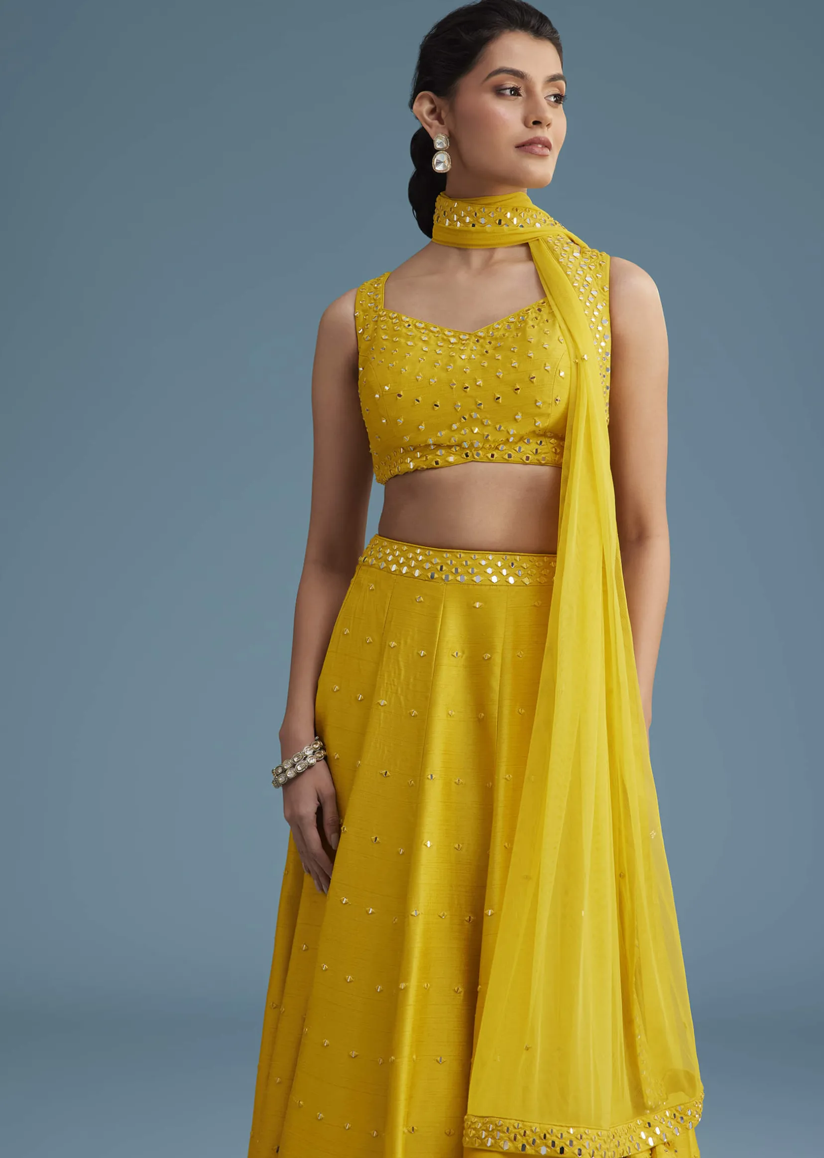 Yellow Nysa Silk Lehenga Set With Mirror Work