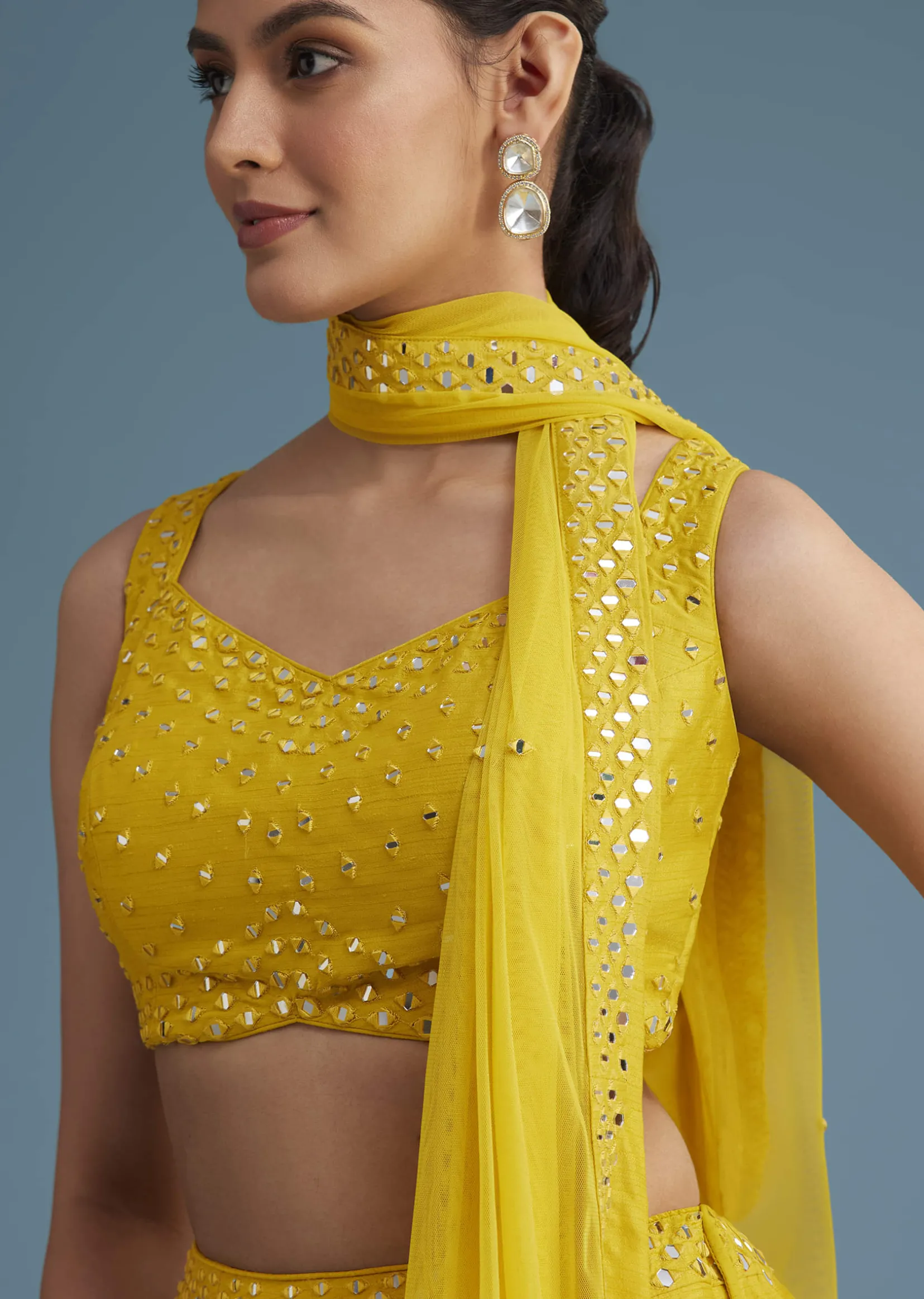 Yellow Nysa Silk Lehenga Set With Mirror Work