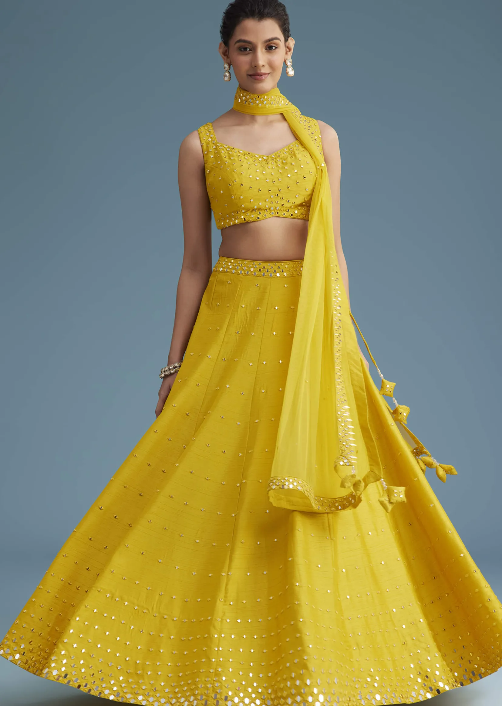 Yellow Nysa Silk Lehenga Set With Mirror Work