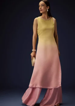 Yellow Ombre A Line Kurta With Bell Bottom Pants