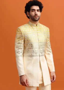 Yellow Ombre Indowestern Set With Foil Applique For Men