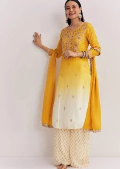 Yellow Ombre Kurta Palazzo Suit With Zardosi And Sequins Work