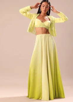 Yellow Ombre Organza Blouse And Palazzo With Jacket