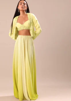 Yellow Ombre Organza Blouse And Palazzo With Jacket