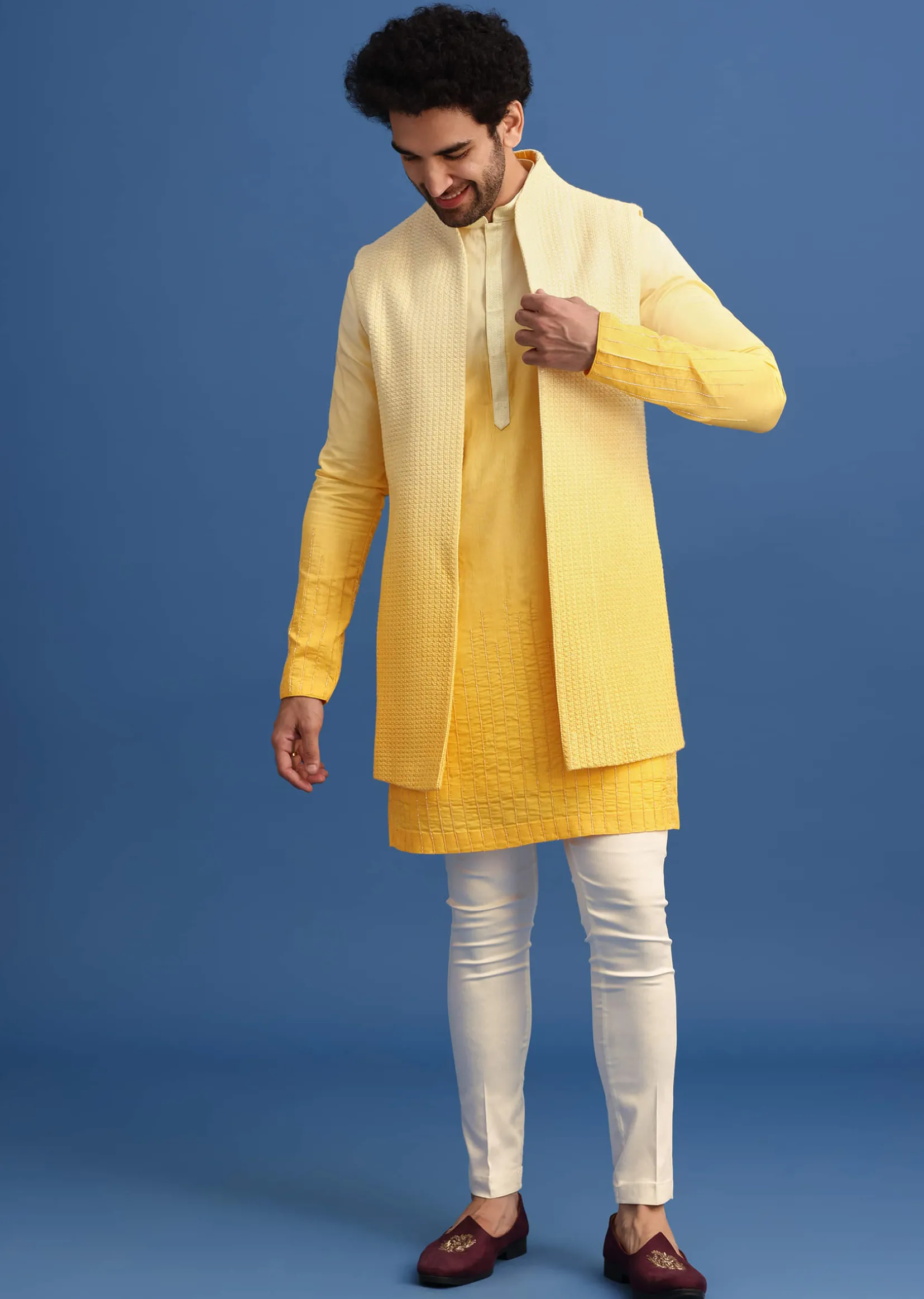 Yellow Ombre Silk Kurta Jacket Set With Zardozi Work