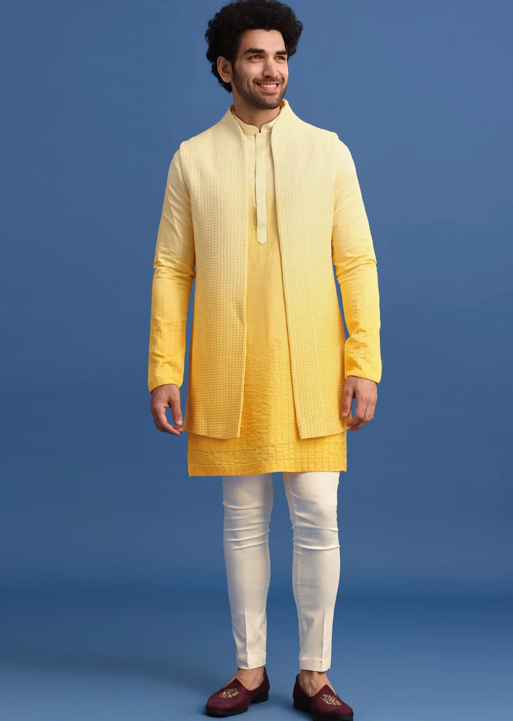 Yellow Ombre Silk Kurta Jacket Set With Zardozi Work