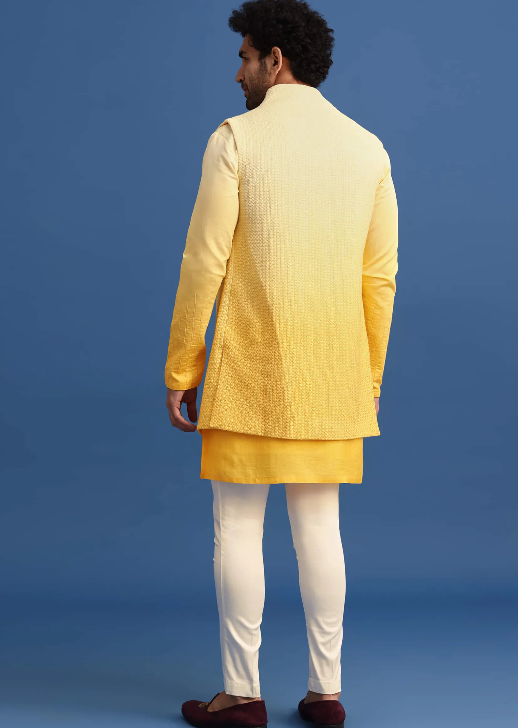 Yellow Ombre Silk Kurta Jacket Set With Zardozi Work