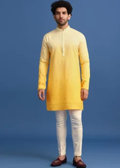Yellow Ombre Silk Kurta Jacket Set With Zardozi Work