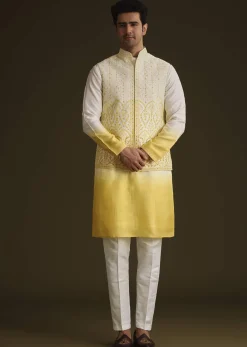 Yellow Ombre Silk Kurta Set With Dori Work Embroidered Jacket