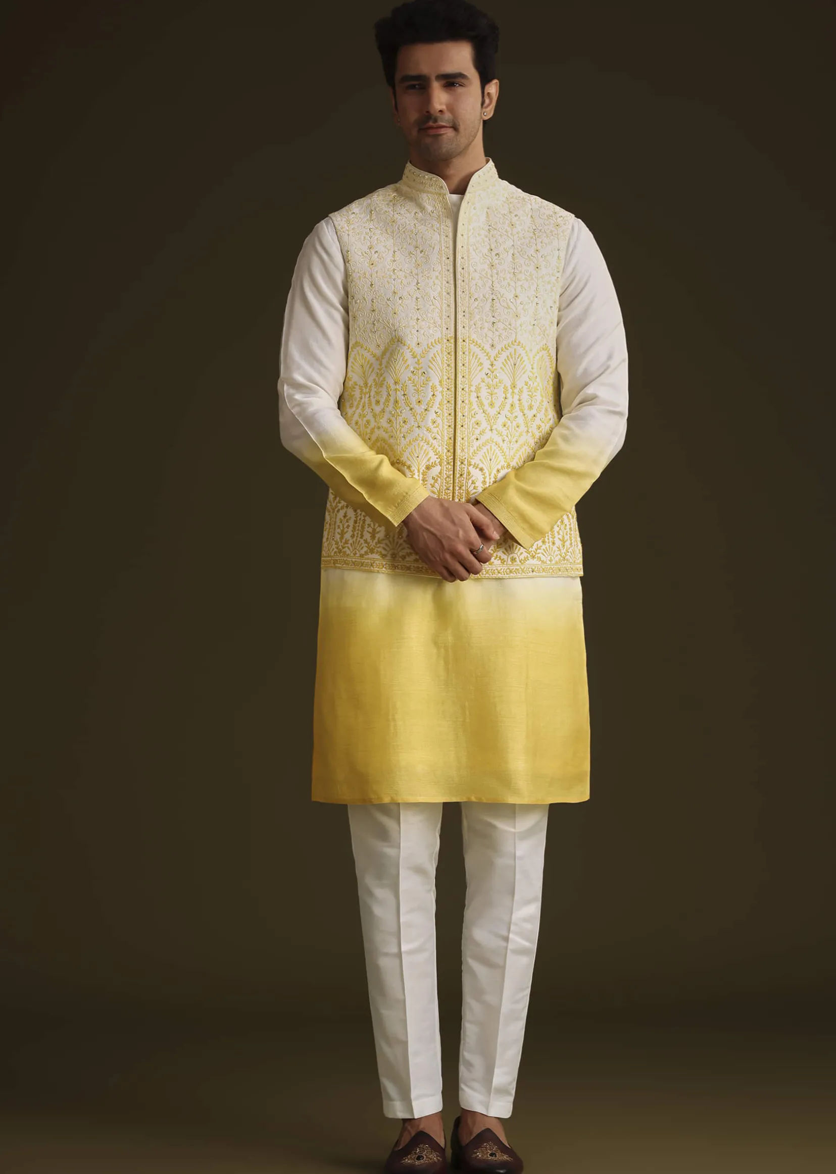 Yellow Ombre Silk Kurta Set With Dori Work Embroidered Jacket
