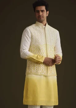 Yellow Ombre Silk Kurta Set With Dori Work Embroidered Jacket