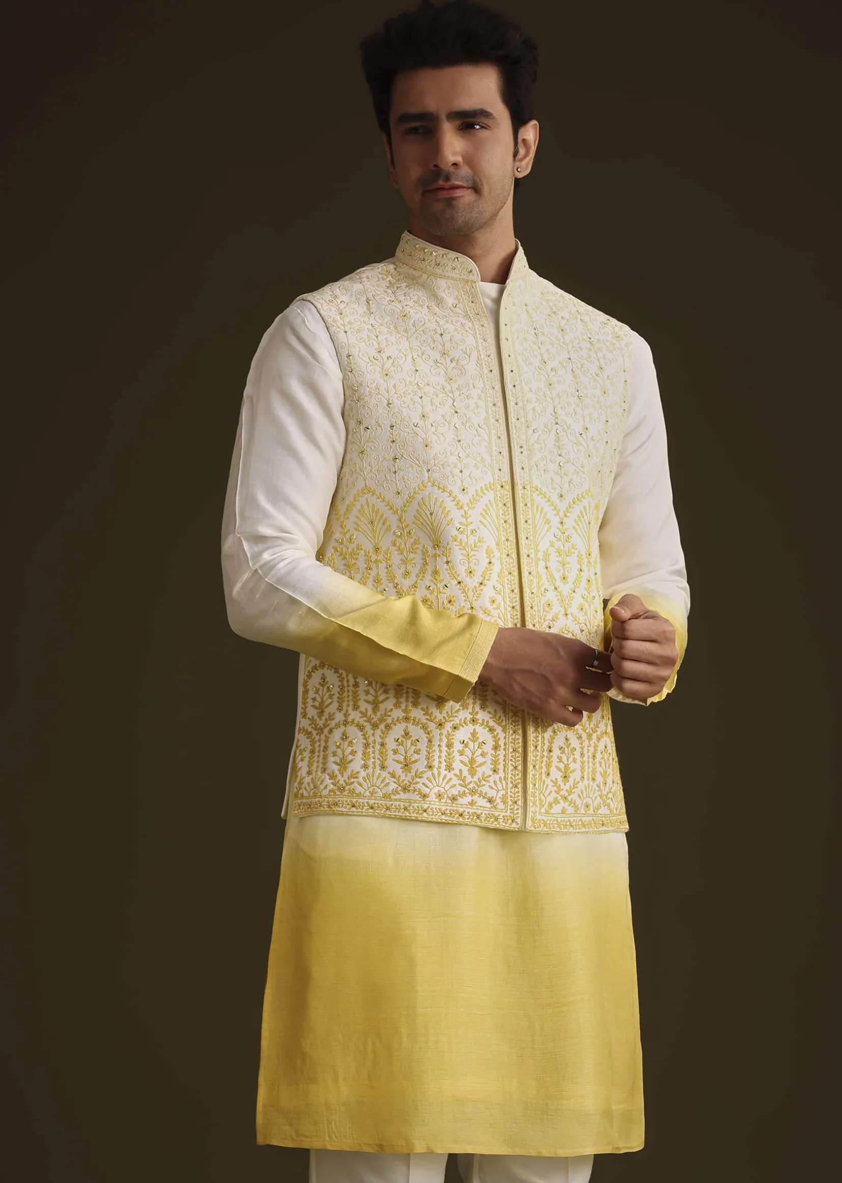 Yellow Ombre Silk Kurta Set With Dori Work Embroidered Jacket