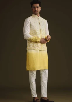 Yellow Ombre Silk Kurta Set With Dori Work Embroidered Jacket