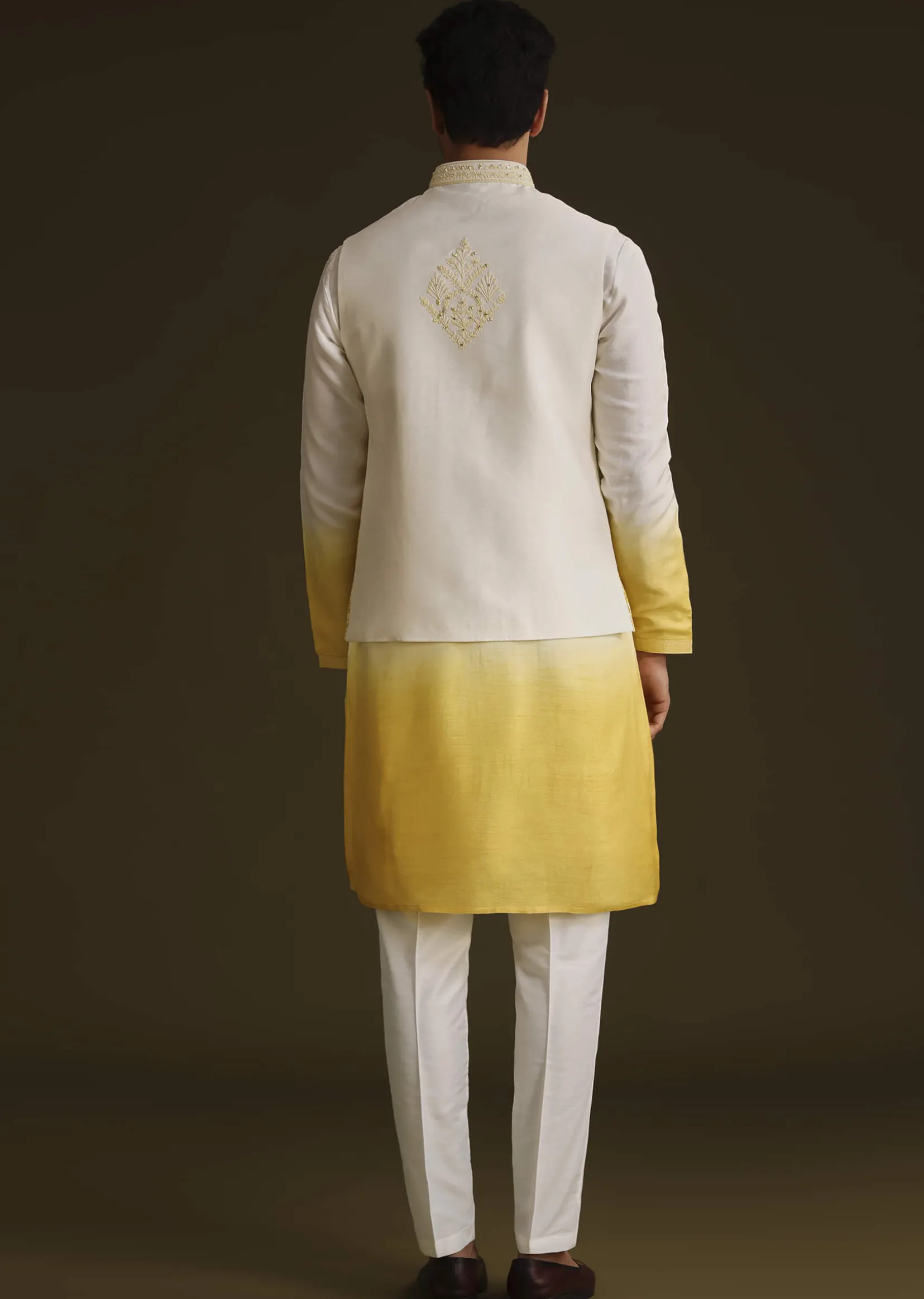 Yellow Ombre Silk Kurta Set With Dori Work Embroidered Jacket