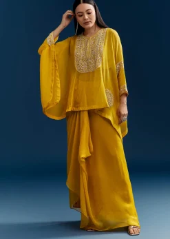 Yellow Organza Crop Top With Asymmetric Design