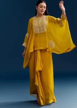 Yellow Organza Crop Top With Asymmetric Design