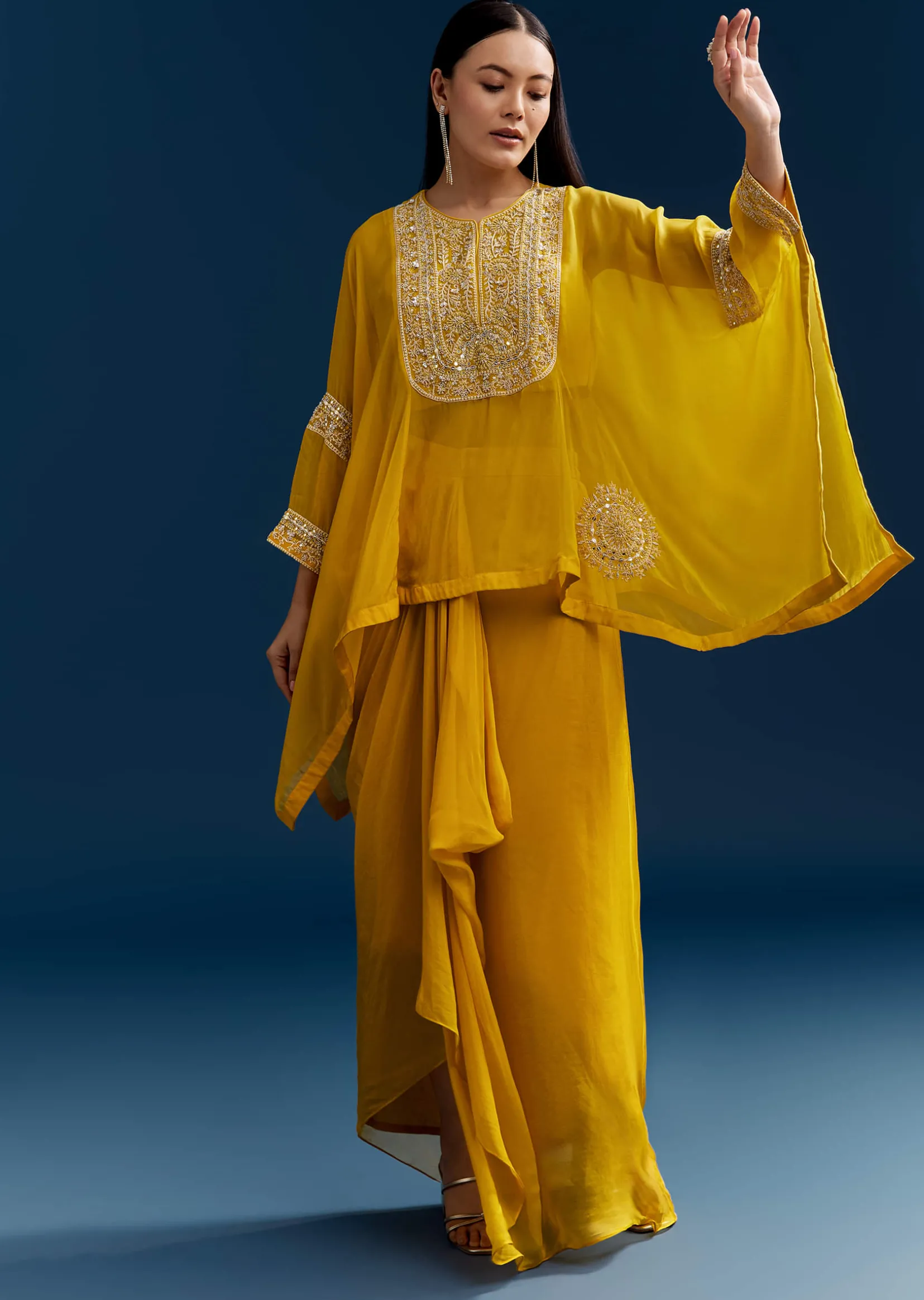 Yellow Organza Crop Top With Asymmetric Design