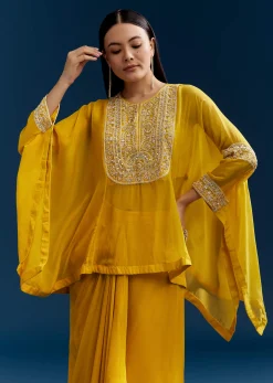 Yellow Organza Crop Top With Asymmetric Design