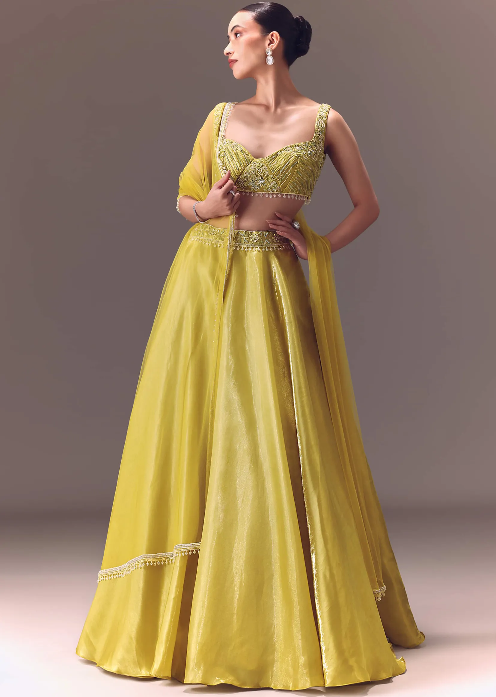 Yellow Organza Double Circular Lehenga Set With Hand Work