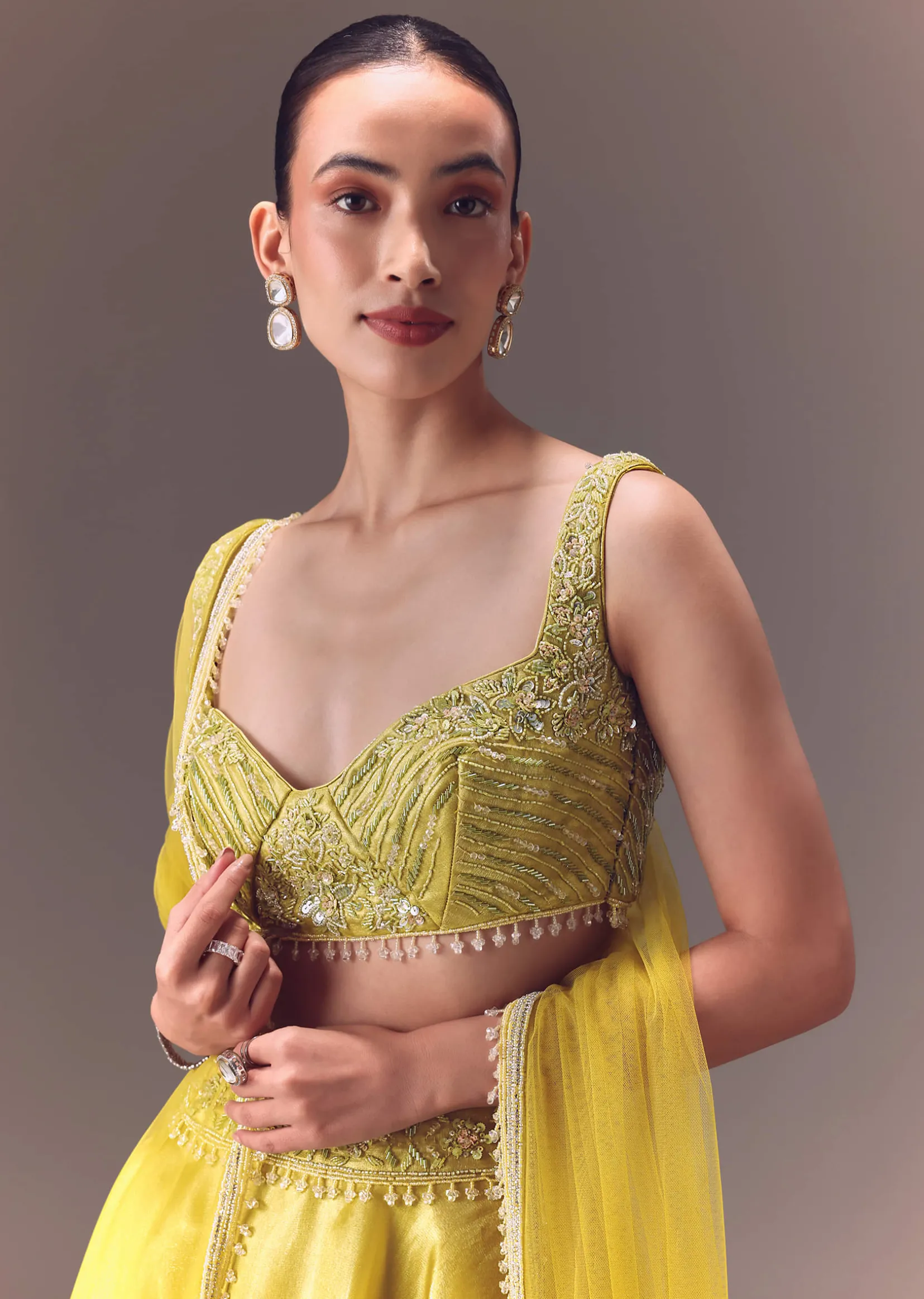 Yellow Organza Double Circular Lehenga Set With Hand Work