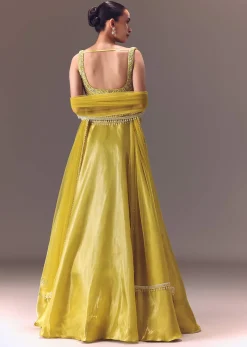 Yellow Organza Double Circular Lehenga Set With Hand Work