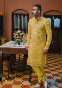 Yellow Organza Embroidered Kurta And Dola Silk Pant Set