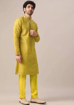 Yellow Organza Embroidered Kurta And Dola Silk Pant Set