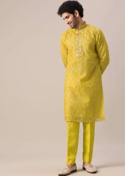 Yellow Organza Embroidered Kurta And Dola Silk Pant Set