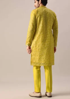 Yellow Organza Embroidered Kurta And Dola Silk Pant Set