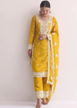 Yellow Organza Resham Threadwork Embroiderd Kurti Pant Set