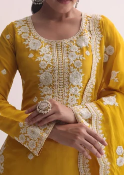 Yellow Organza Resham Threadwork Embroiderd Kurti Pant Set