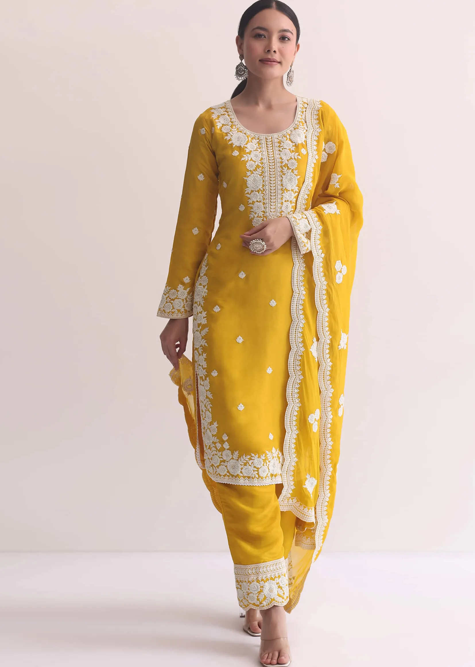 Yellow Organza Resham Threadwork Embroiderd Kurti Pant Set