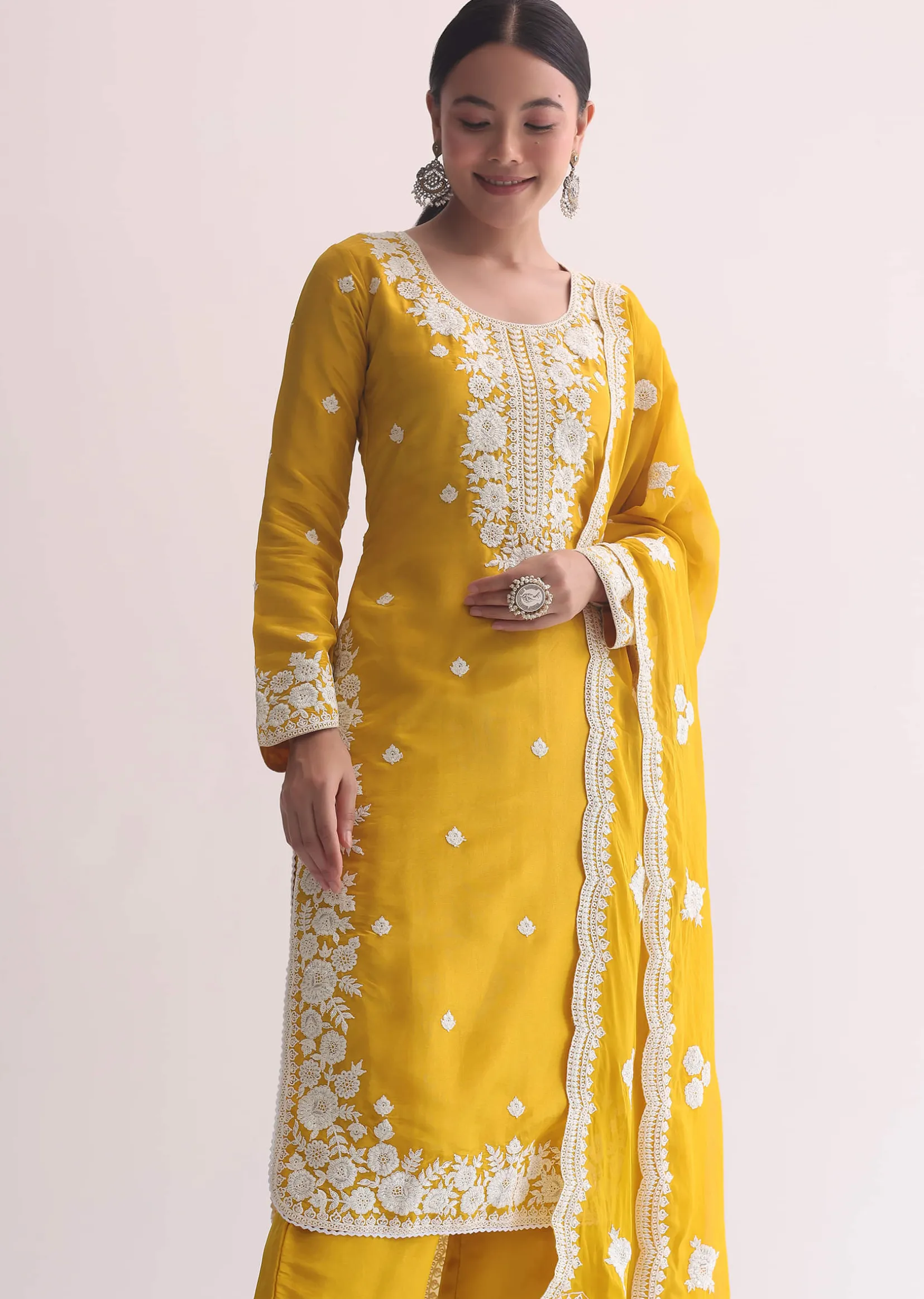Yellow Organza Resham Threadwork Embroiderd Kurti Pant Set