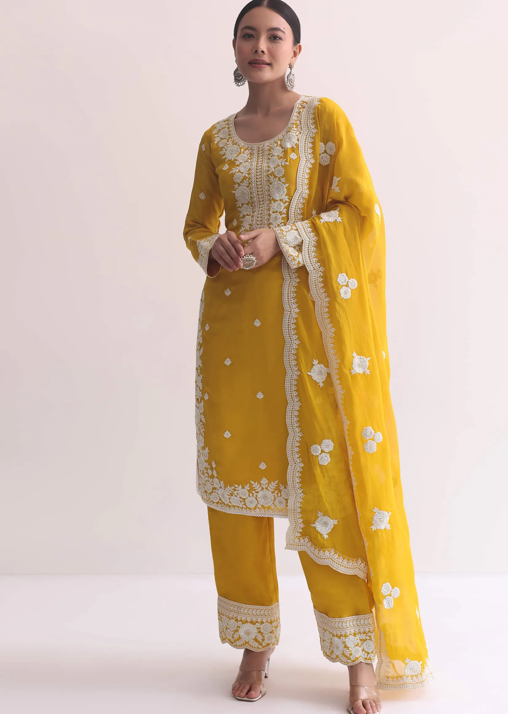 Yellow Organza Resham Threadwork Embroiderd Kurti Pant Set
